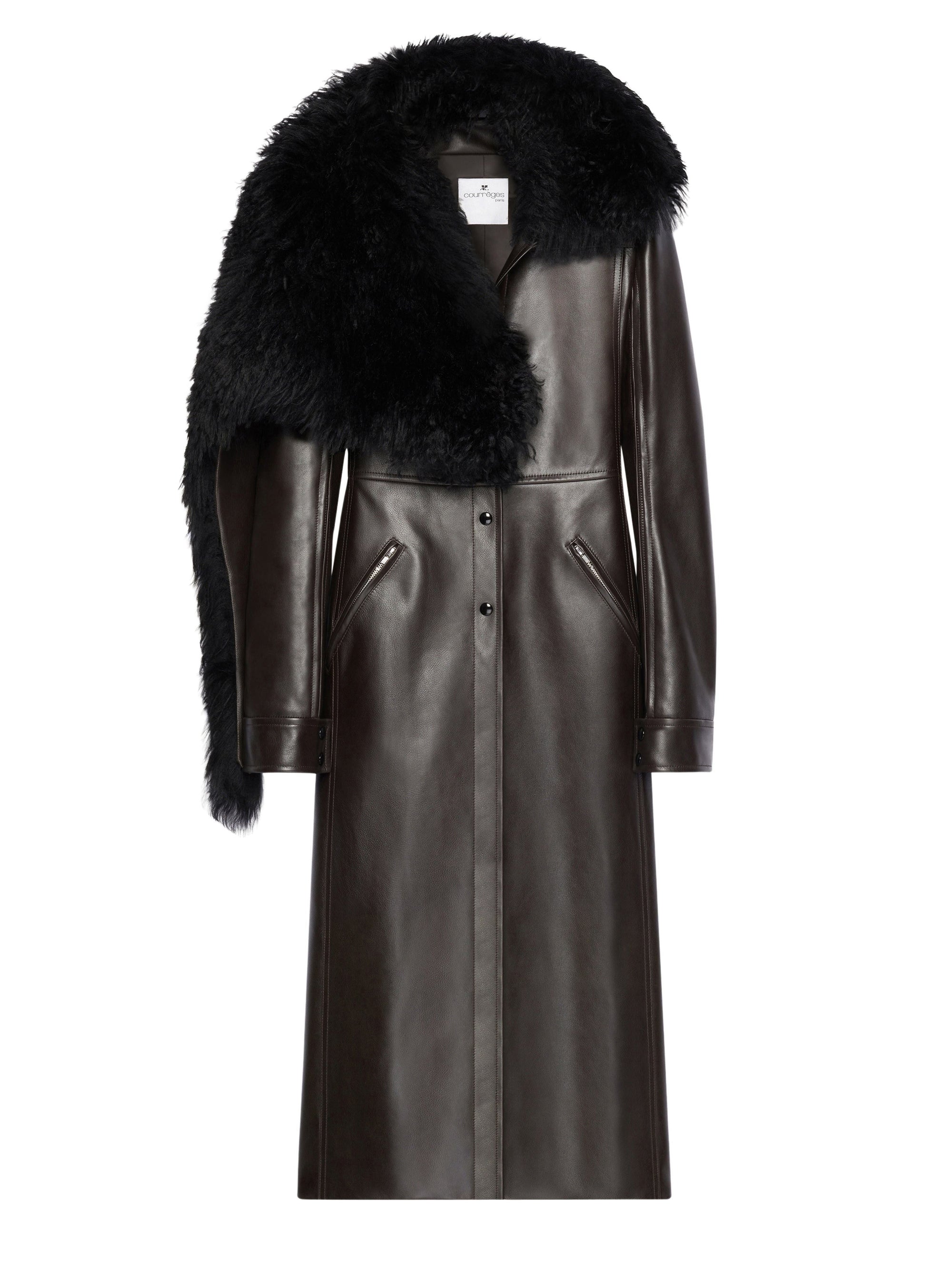 Long leather shearling collar Coat - Chocolate