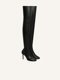 Oblique stretch leather effect thigh Boots - Black