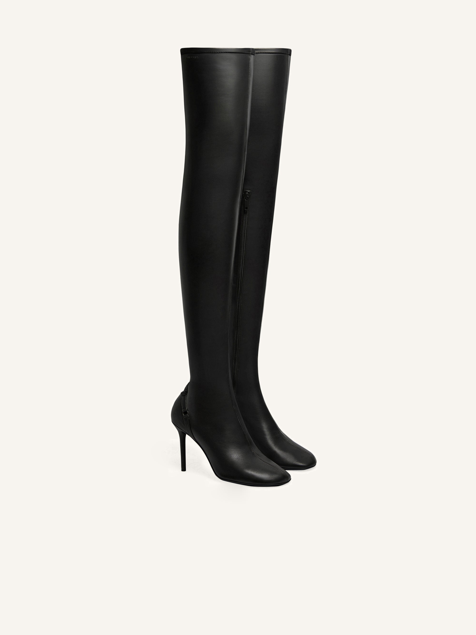 Oblique stretch leather effect thigh Boots - Black