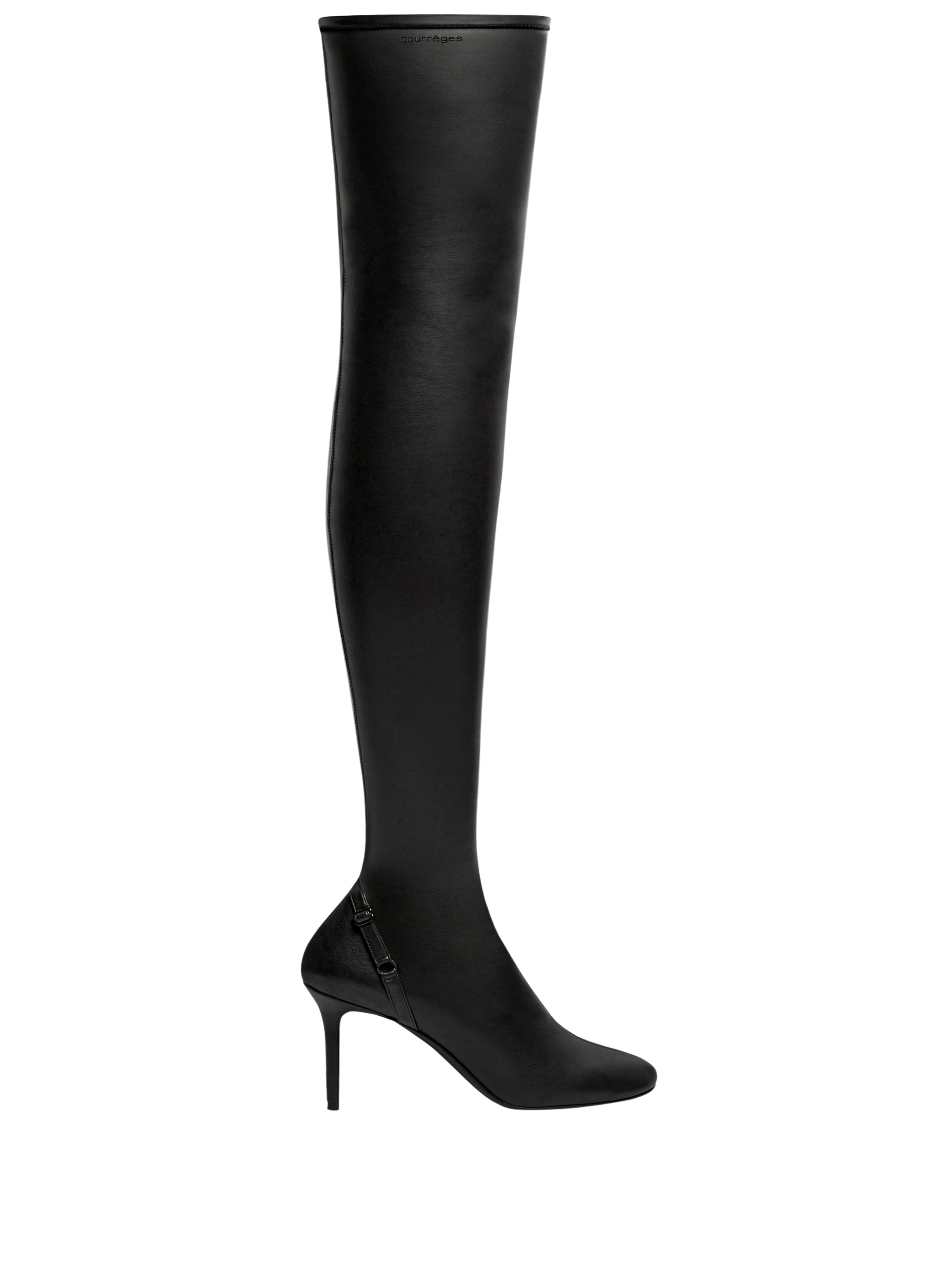 Oblique stretch leather effect thigh Boots - Black
