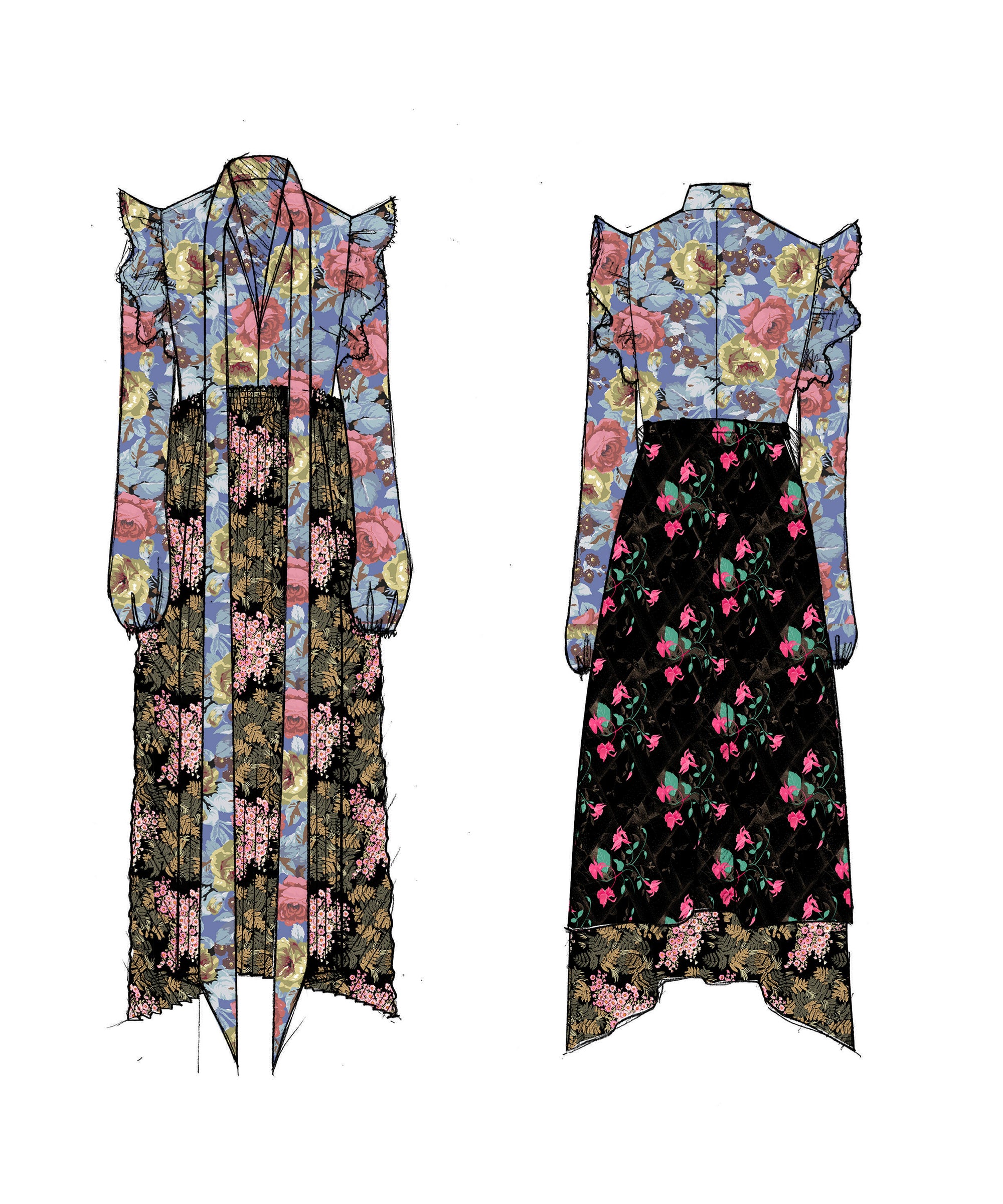 Draped Frill Long Sleeves Dress - Multicolor