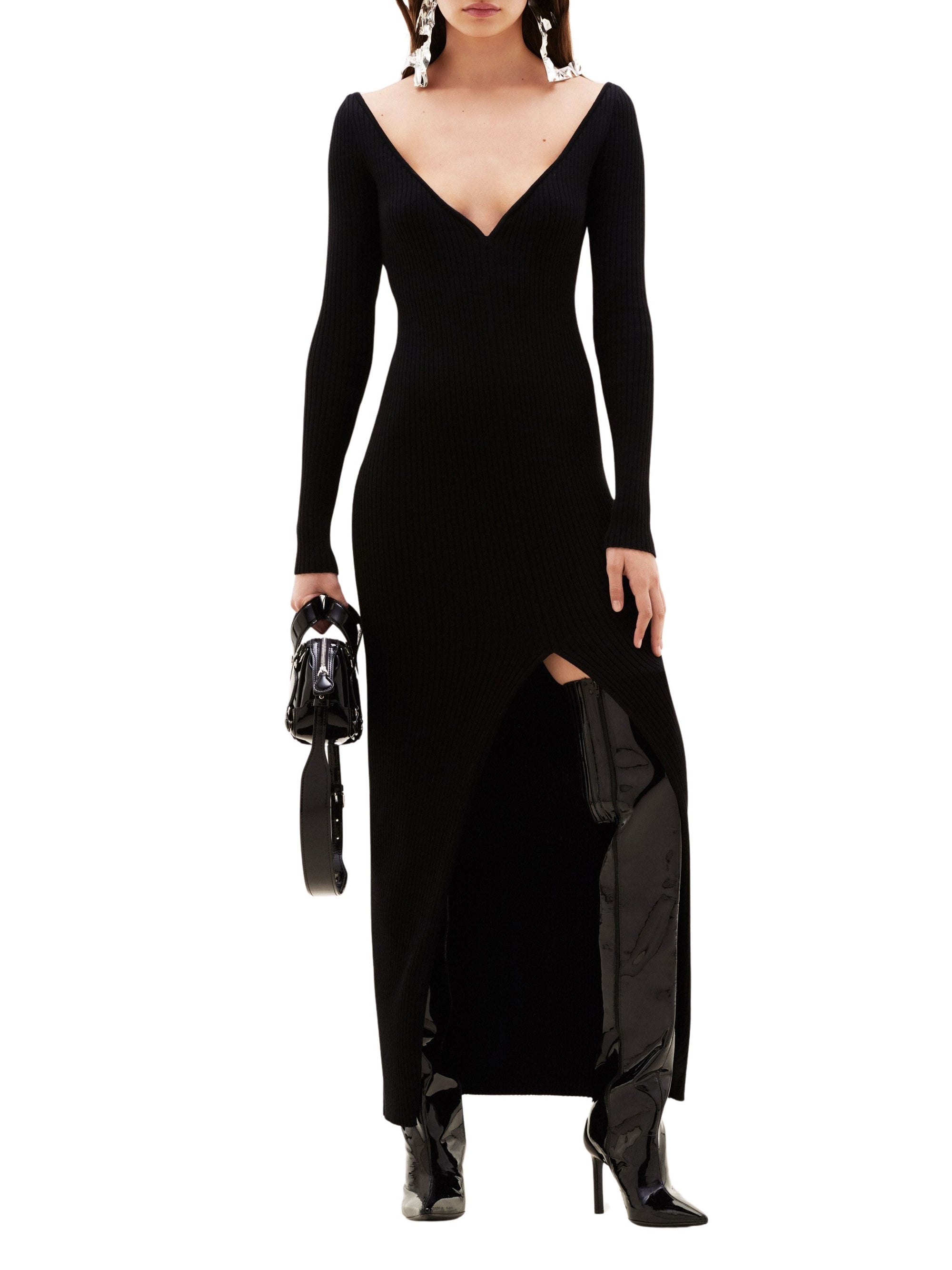 Swallow long rib knit Dress - Black