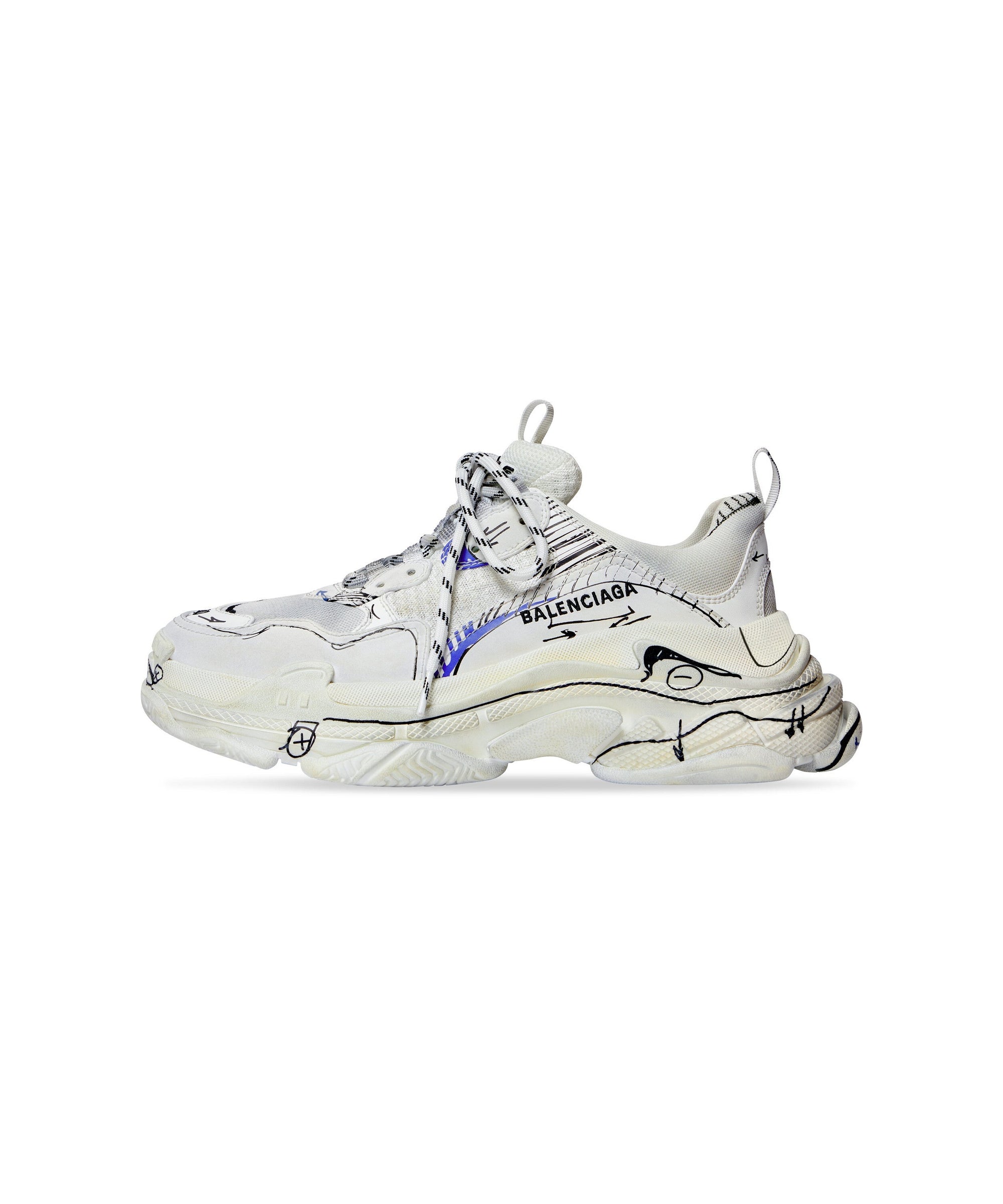 Triple S Sketch Sneakers - White & Black & Blue
