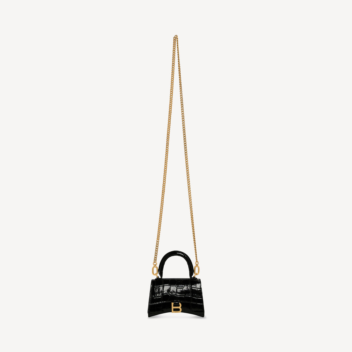 Hourglass Mini Handbag With Chain Crocodile Embossed - Black