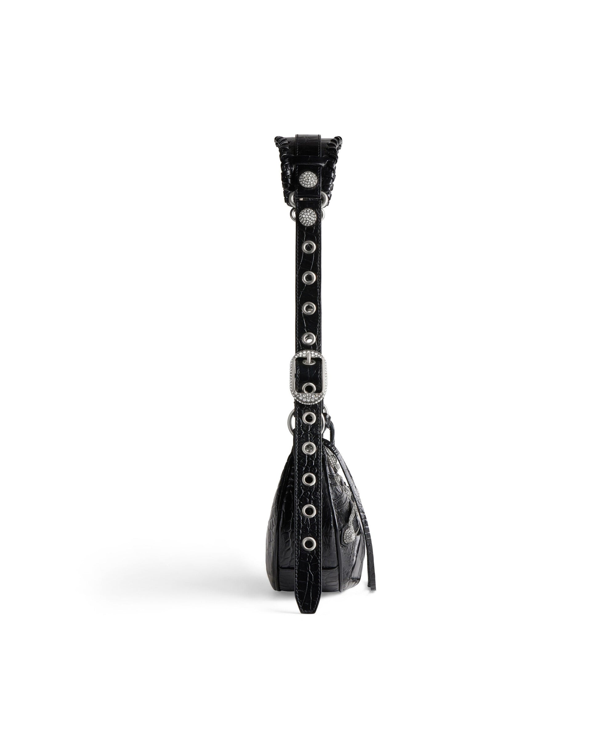 Le Cagole XS Shoulder Bag Crocodile Embossed With Rhinestones - Black