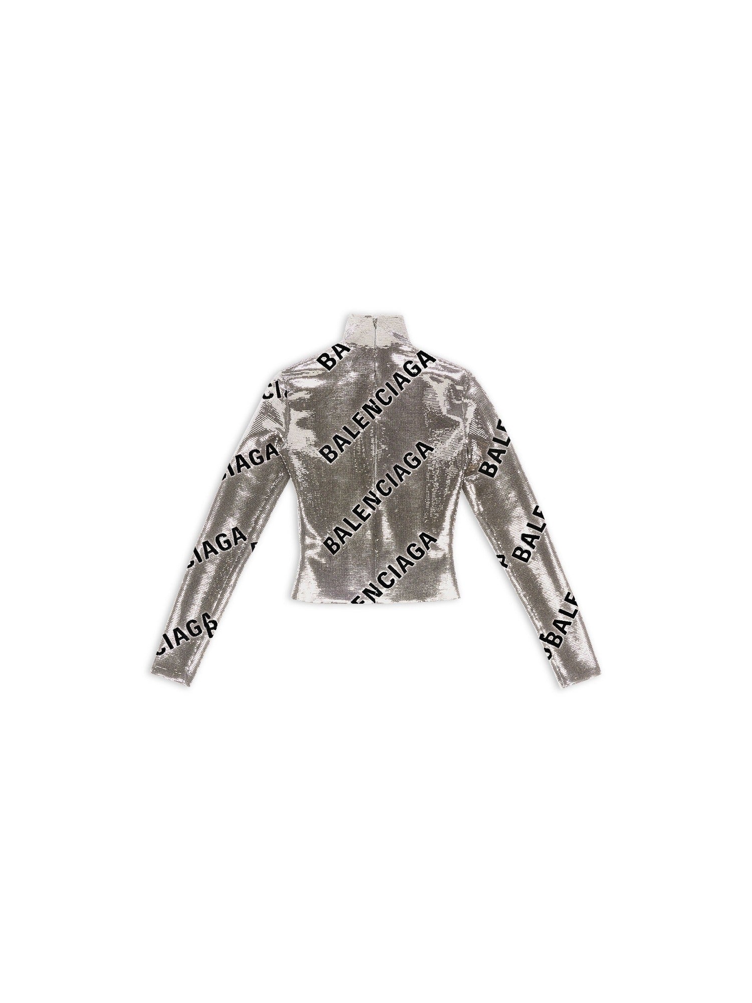 Allover Logo Embroidered Long Sleeve silver & black Top - Silver & Black