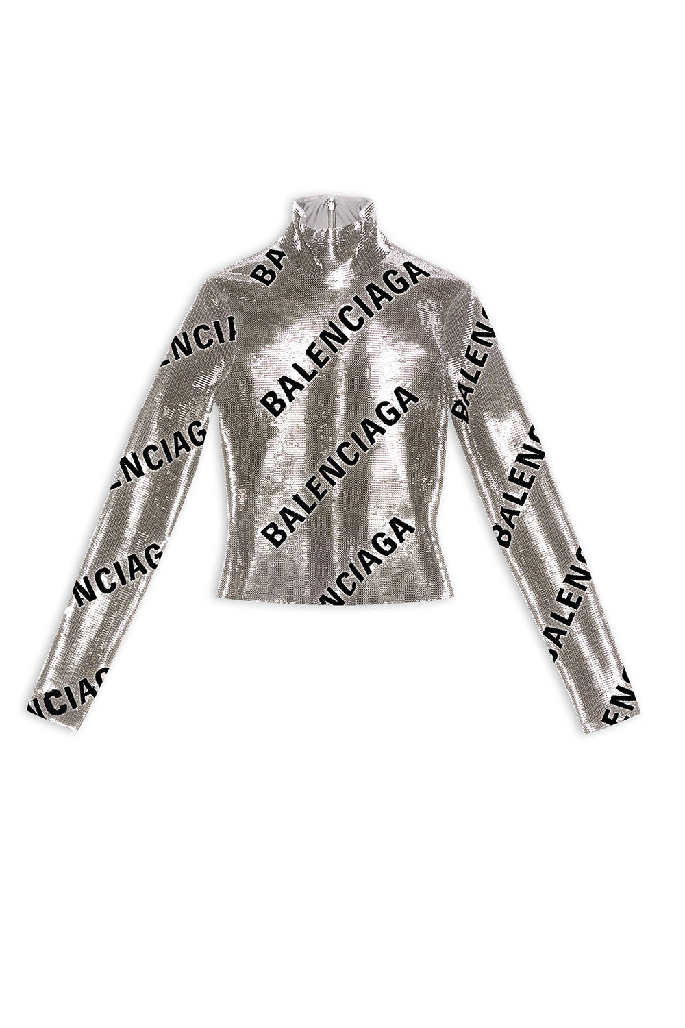 Allover Logo Embroidered Long Sleeve silver & black Top - Silver & Black