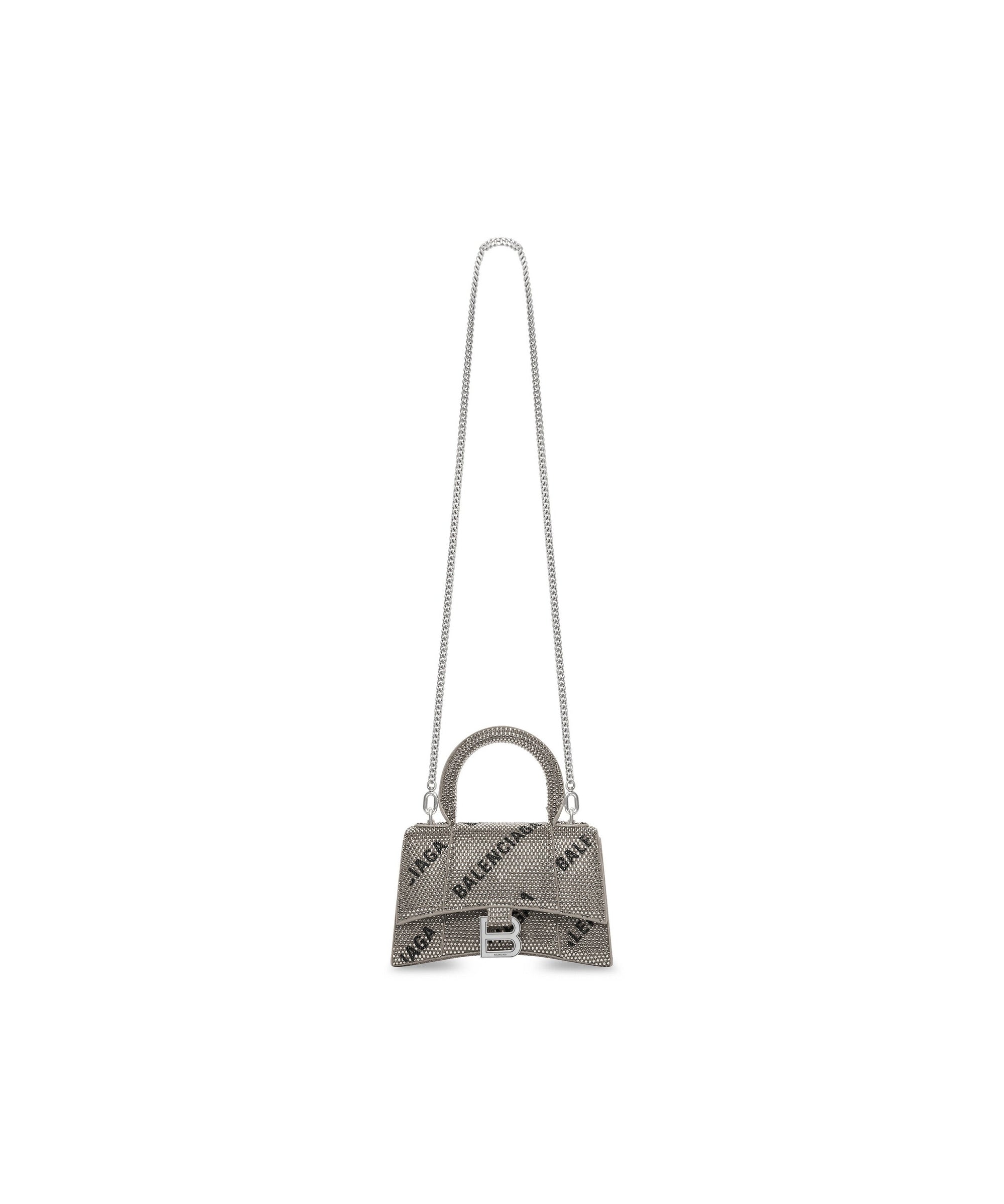 Hourglass XS Handbag With Chain And Allover Logo Rhinestones - Silver & Black
