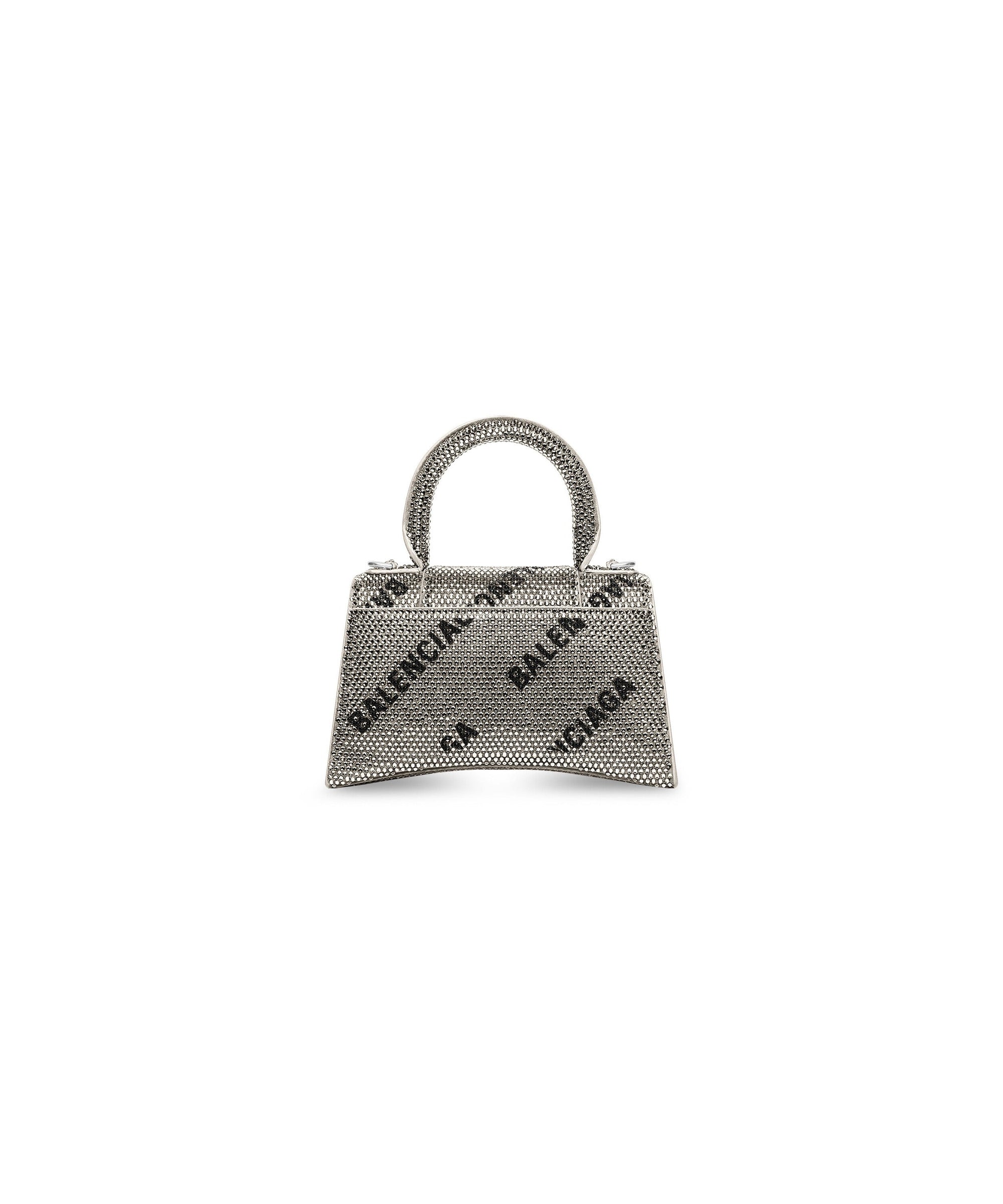 Hourglass XS Handbag With Chain And Allover Logo Rhinestones - Silver & Black