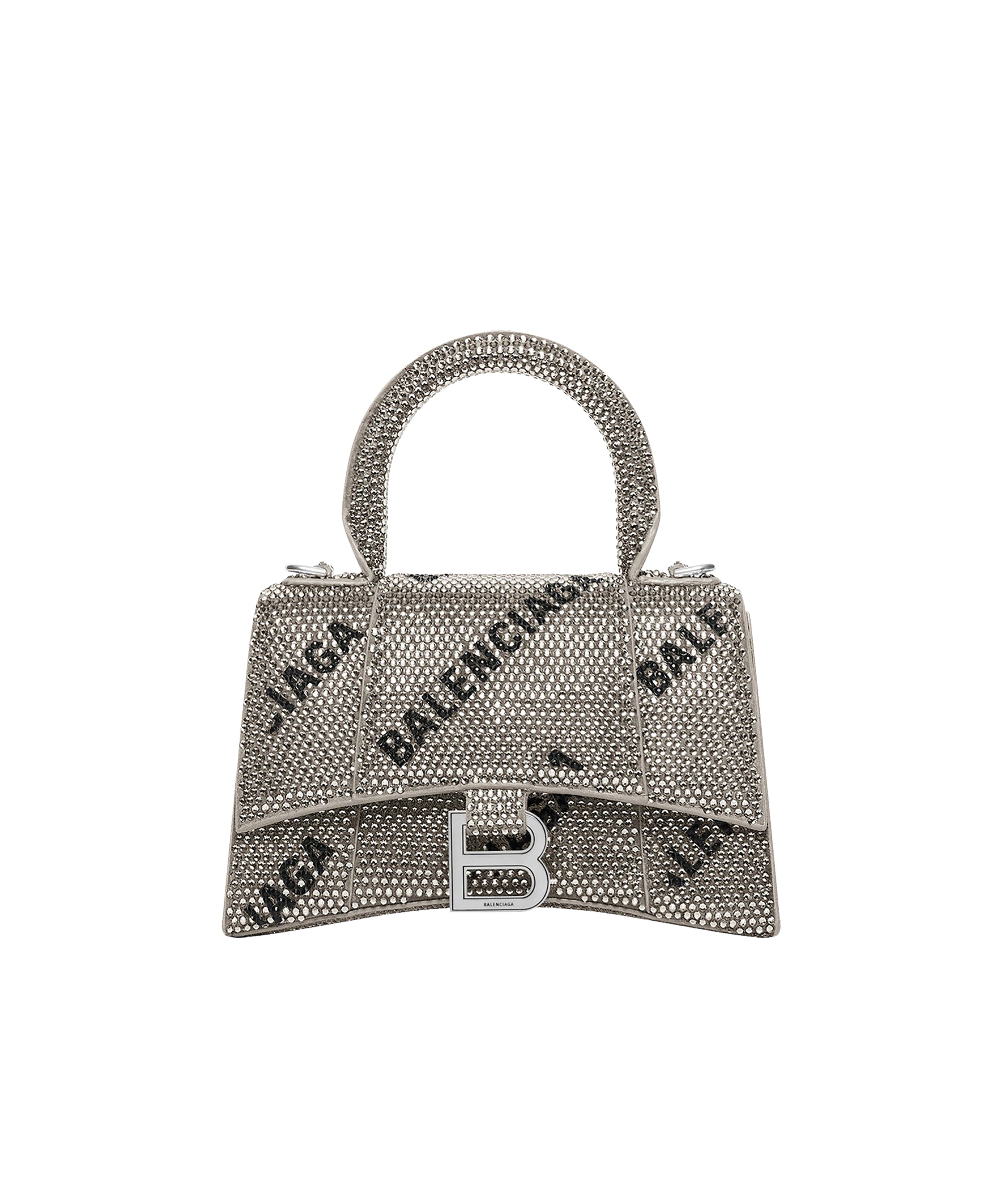 Hourglass XS Handbag With Chain And Allover Logo Rhinestones - Silver & Black
