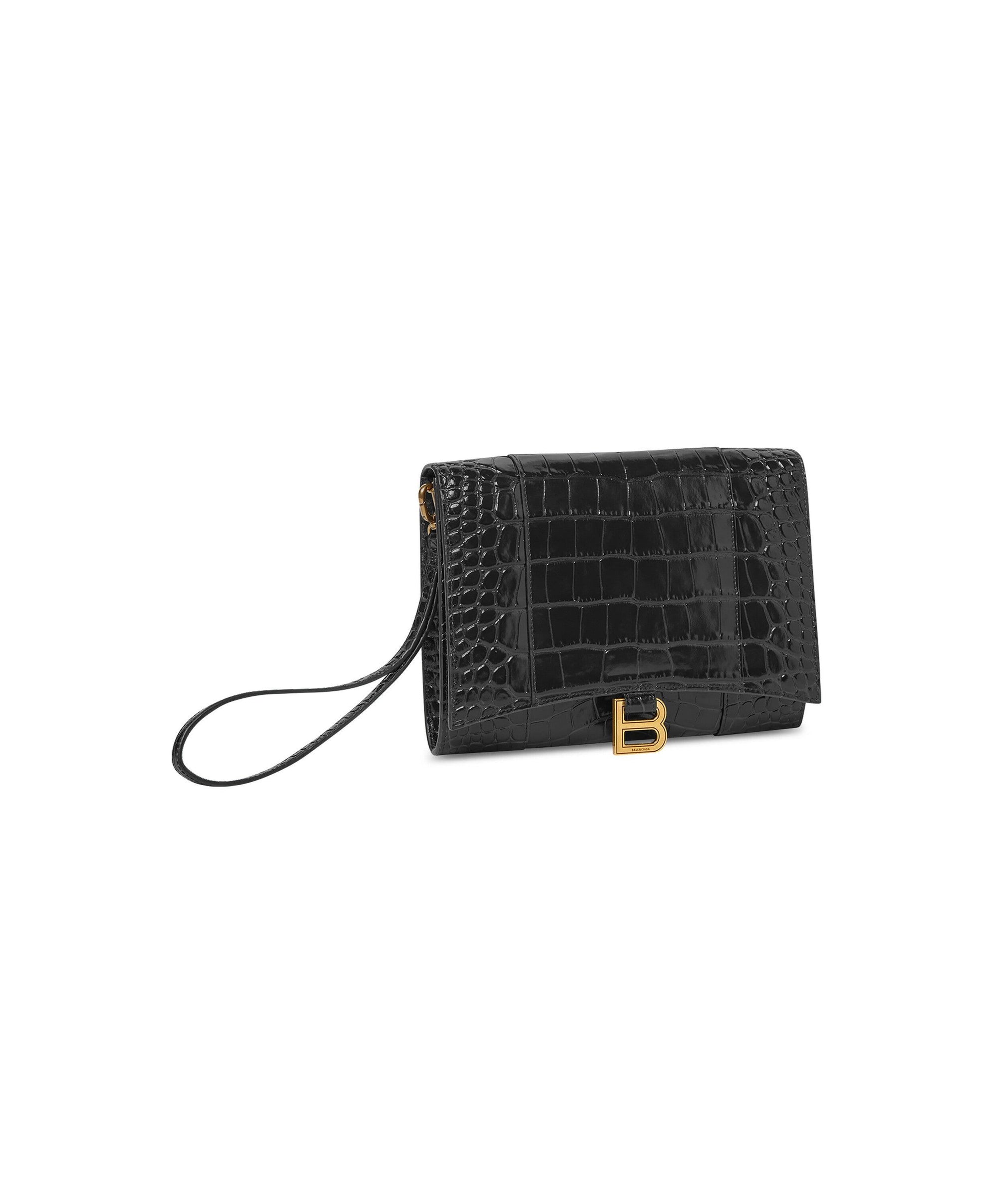Hourglass Gusset Pouch Crocodile Embossed - Black