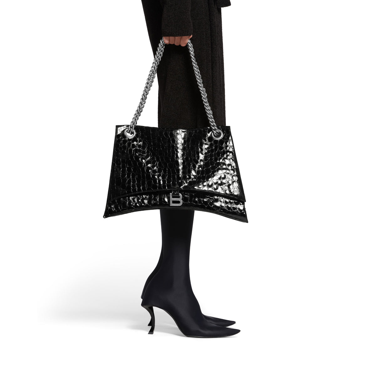 Crush Large Chain Bag Crocodile Embossed - Black