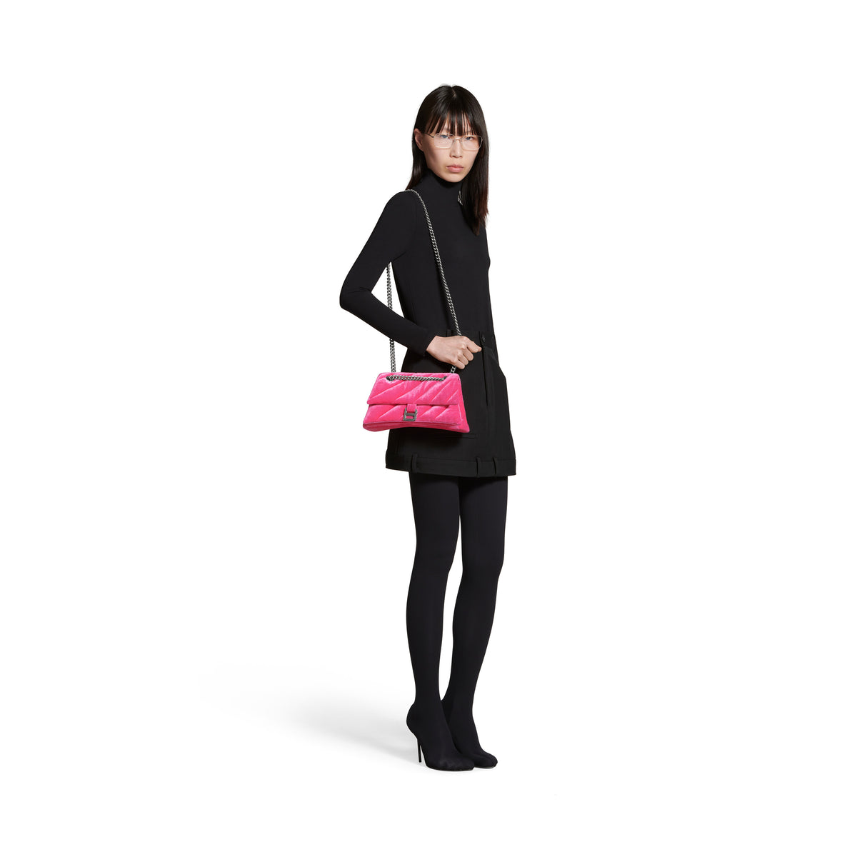 Crush Small Chain Bag Quilted Velvet Jersey - Bright Pink
