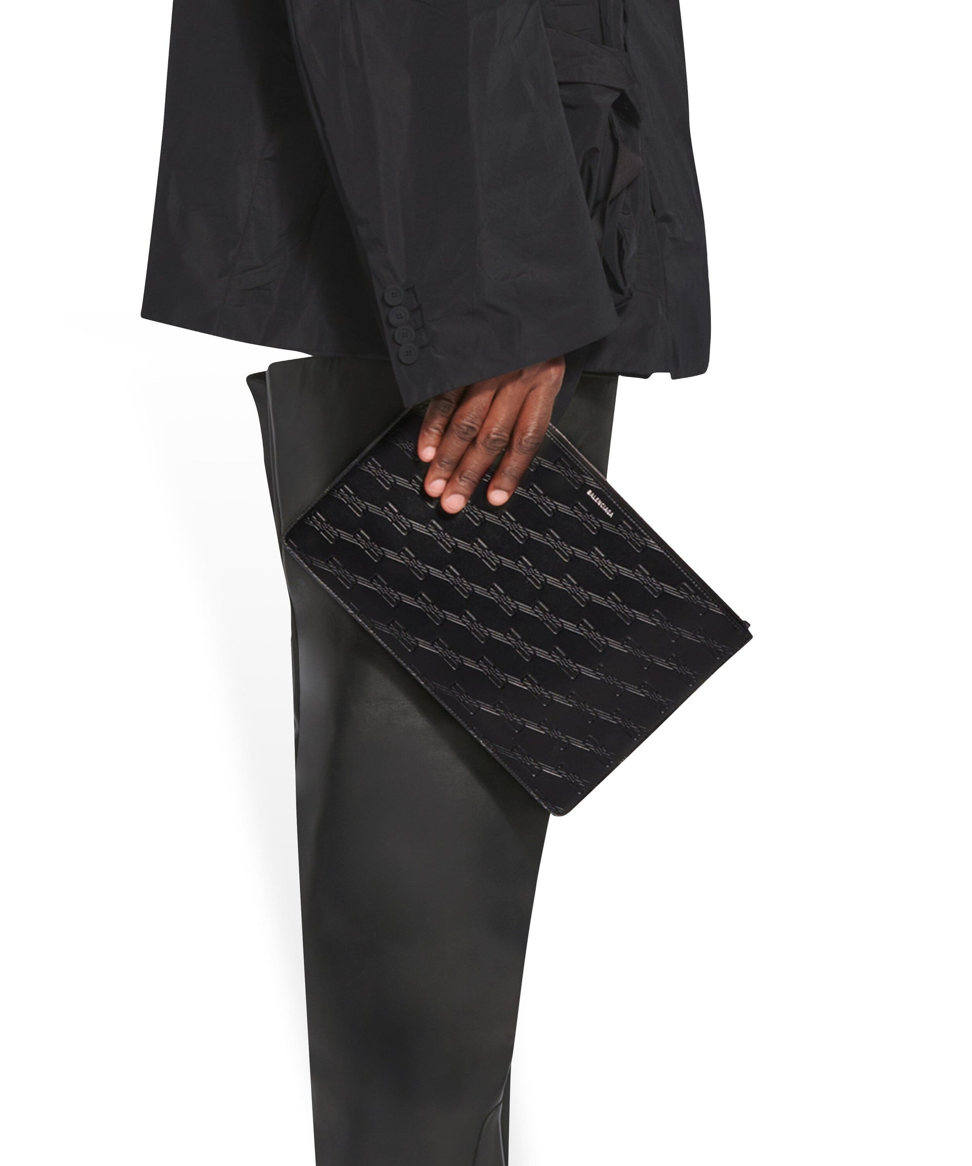 Embossed Monogram Medium Pouch With Handle Box - Black