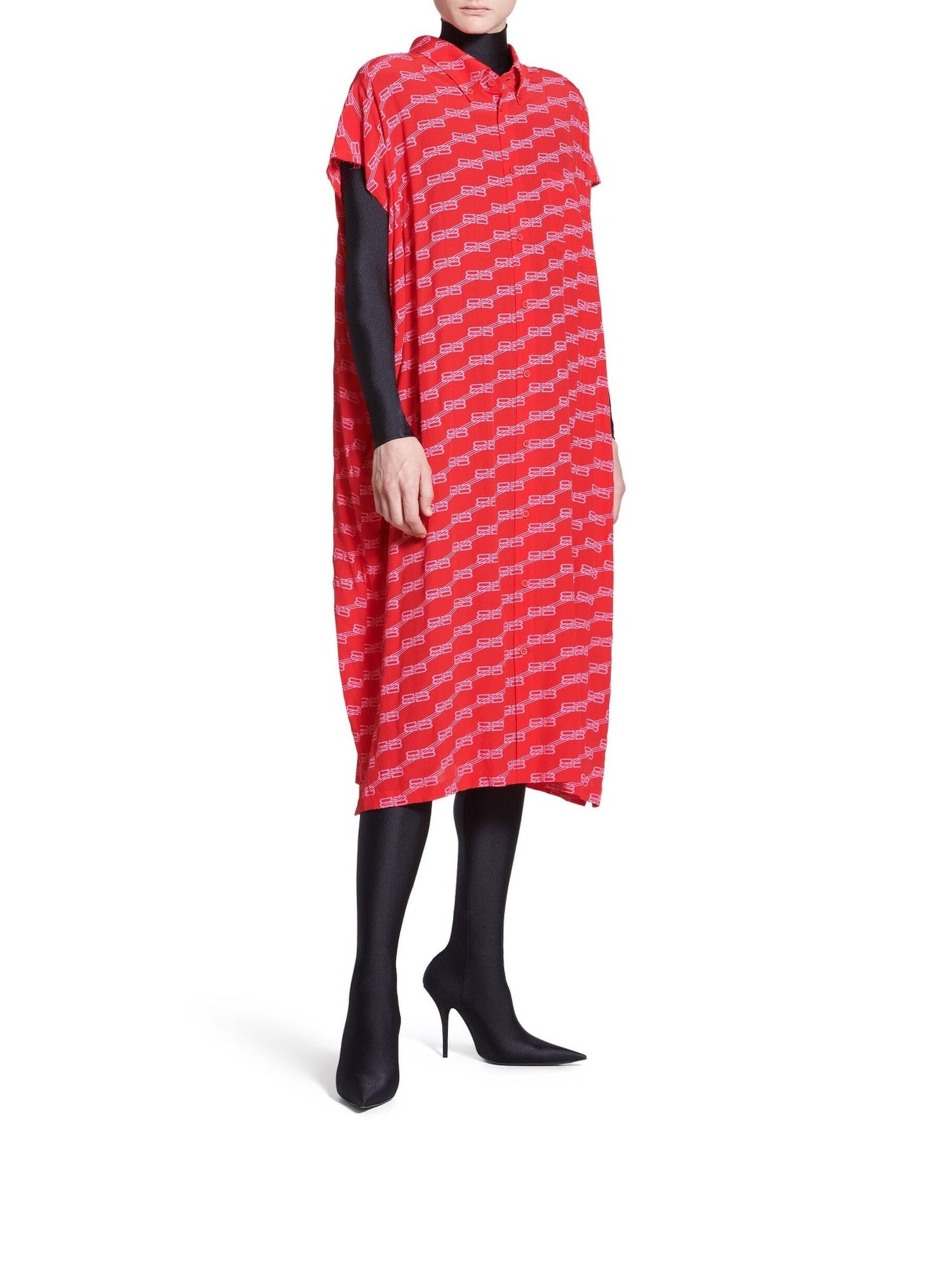 BB Monogram Swing Collar Rawcut red & pink Dress - Red & Pink