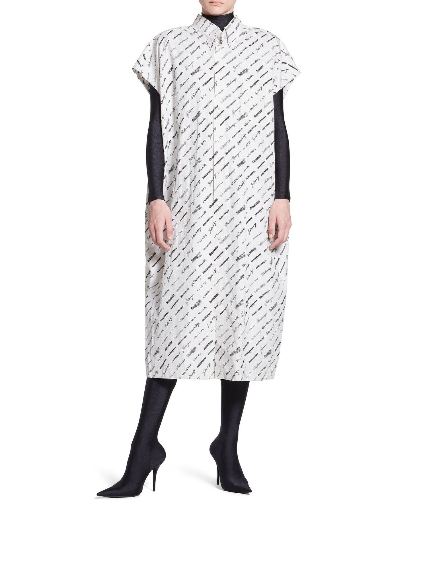 Logomania All Over Swing Collar Rawcut ecru & black Dress - Ecru & Black