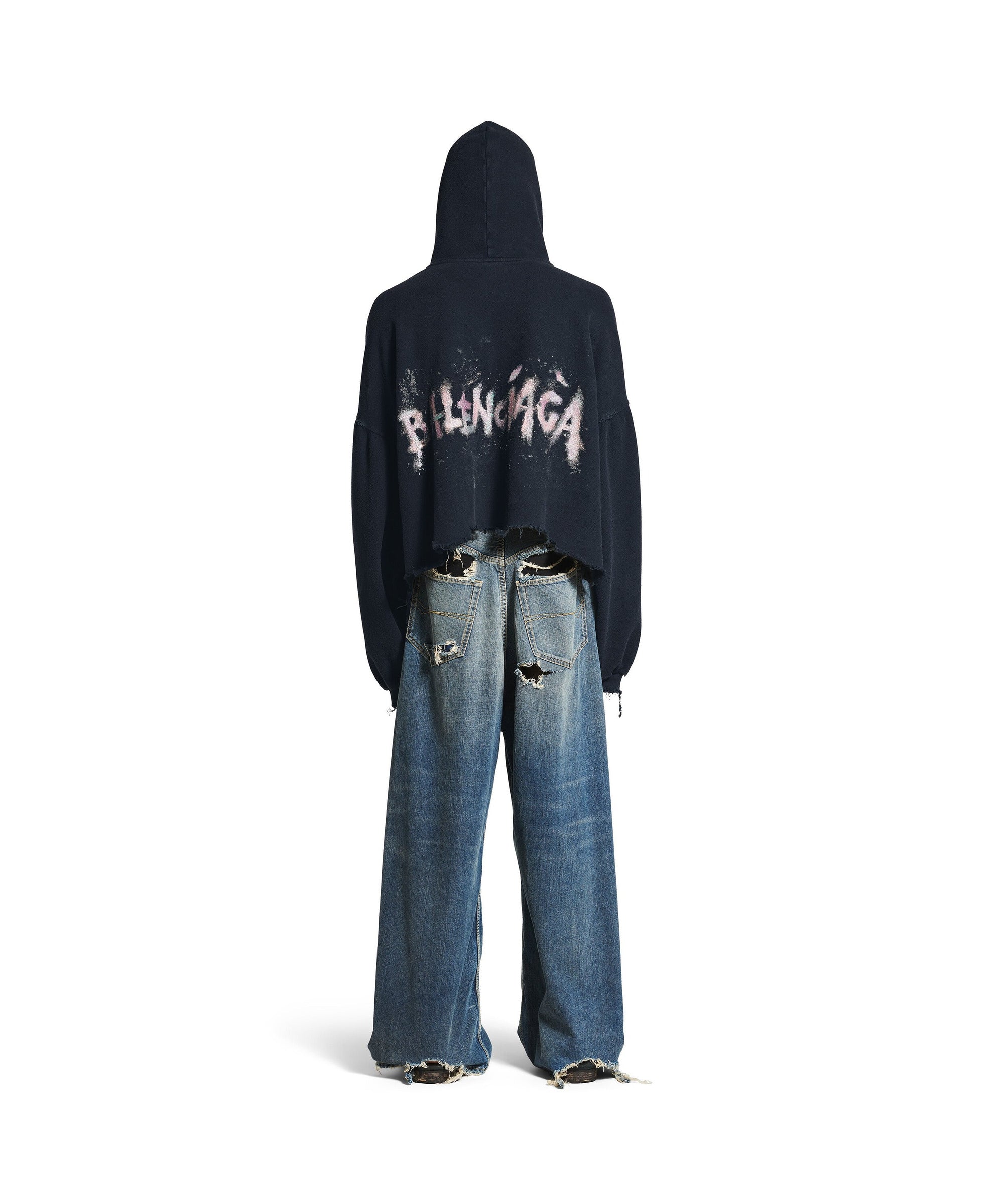 Balenciaga Nail Polish Cropped Hoodie - Faded Washed Black