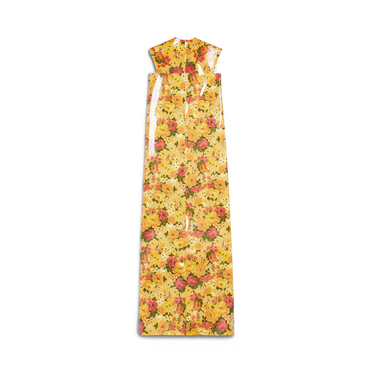 Faux Vinyl Floral Sleeveless Dress - Orange