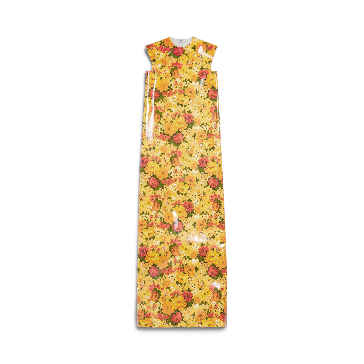 Faux Vinyl Floral Sleeveless Dress - Orange
