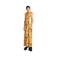 Faux Vinyl Floral Sleeveless Dress - Orange
