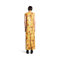 Faux Vinyl Floral Sleeveless Dress - Orange