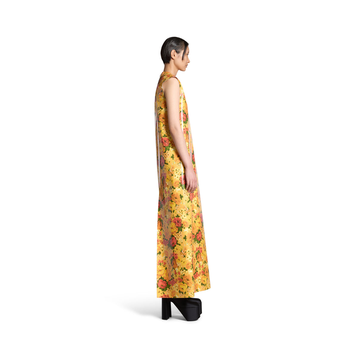 Faux Vinyl Floral Sleeveless Dress - Orange
