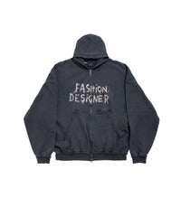 Fashion Designer Pulled Zip-Up Hoodie - Faded Washed Black