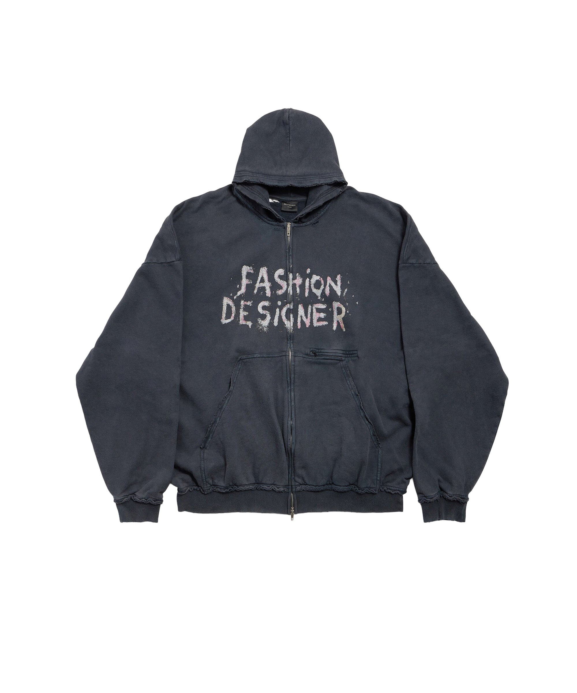 Fashion Designer Pulled Zip-Up Hoodie - Faded Washed Black