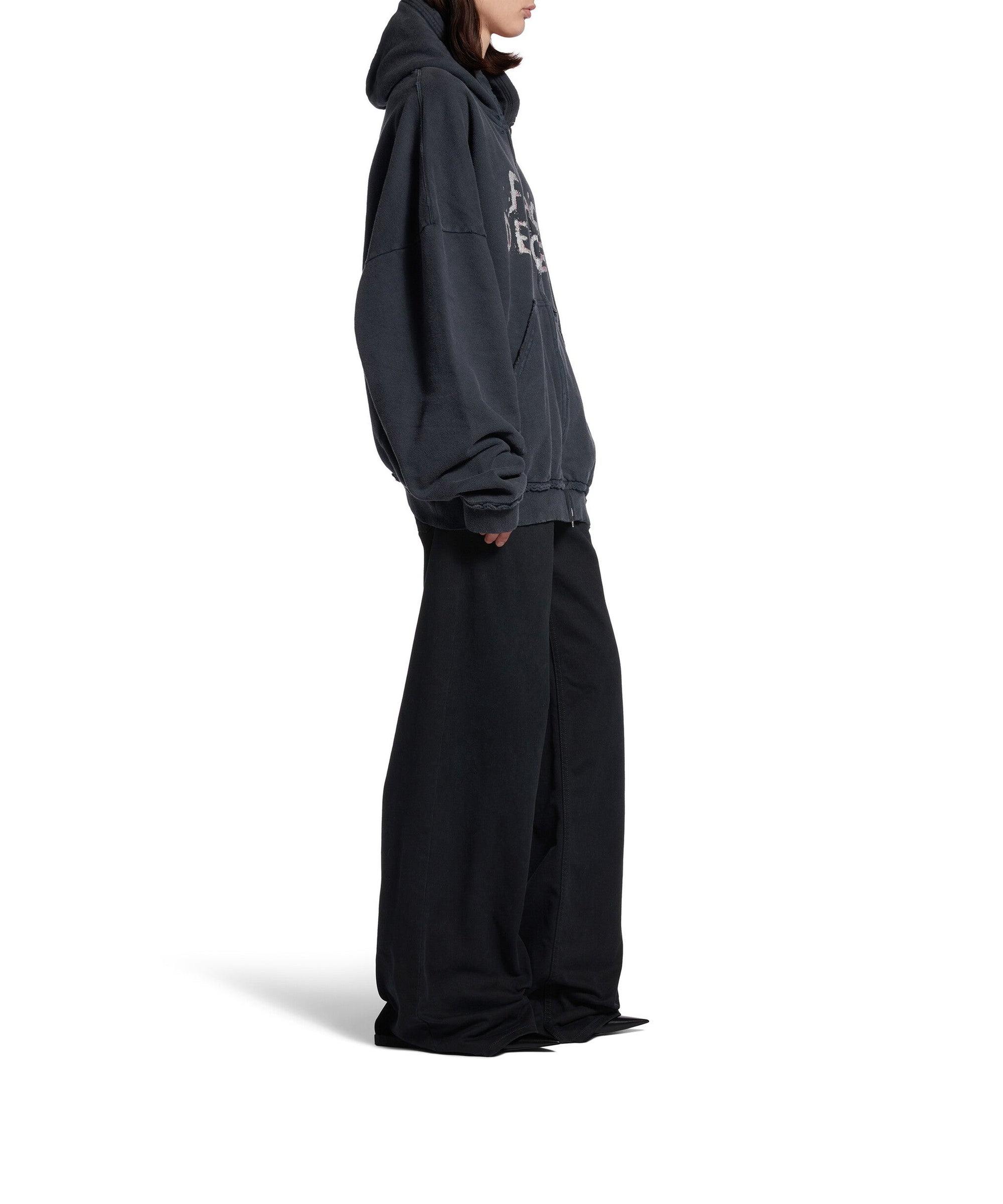 Fashion Designer Pulled Zip-Up Hoodie - Faded Washed Black