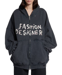Fashion Designer Pulled Zip-Up Hoodie - Faded Washed Black