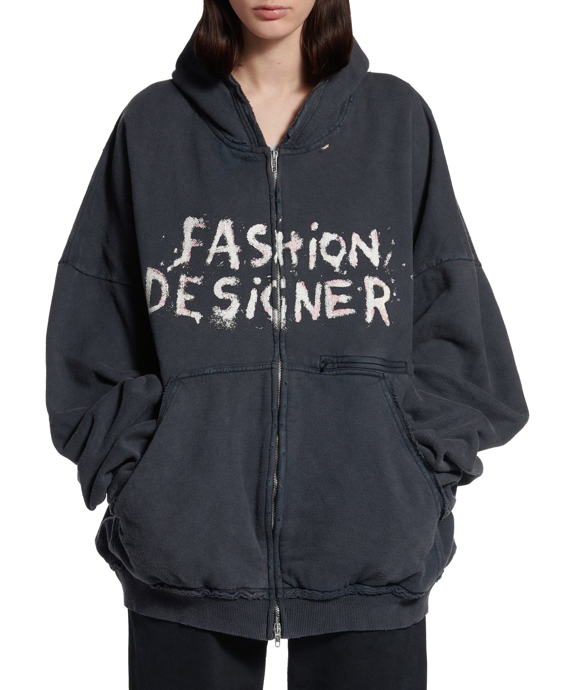 Fashion Designer Pulled Zip-Up Hoodie - Faded Washed Black