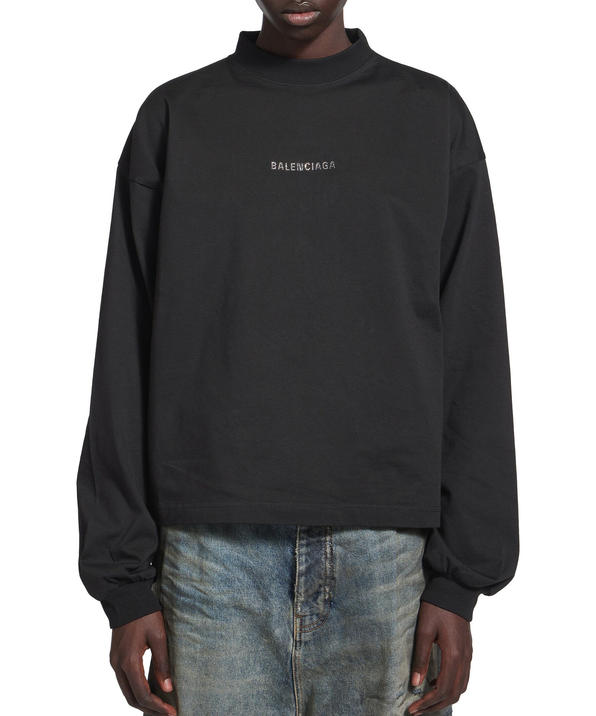 Balenciaga Back Strass Cropped Long Sleeve T-Shirt - Black
