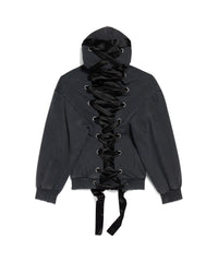 Lace-Up Zip-Up Hoodie - Faded Washed Black