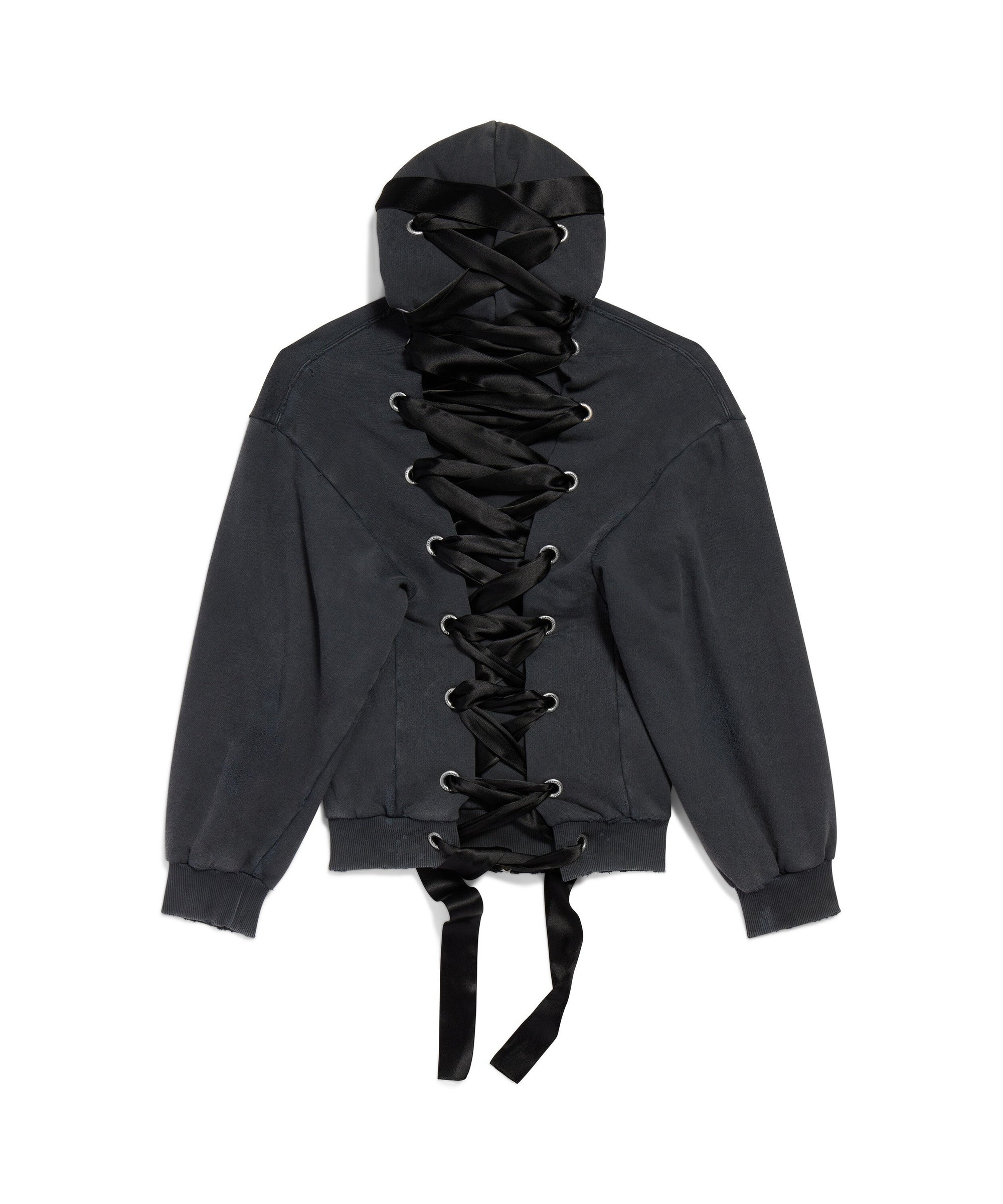 Lace-Up Zip-Up Hoodie - Faded Washed Black