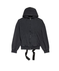Lace-Up Zip-Up Hoodie - Faded Washed Black