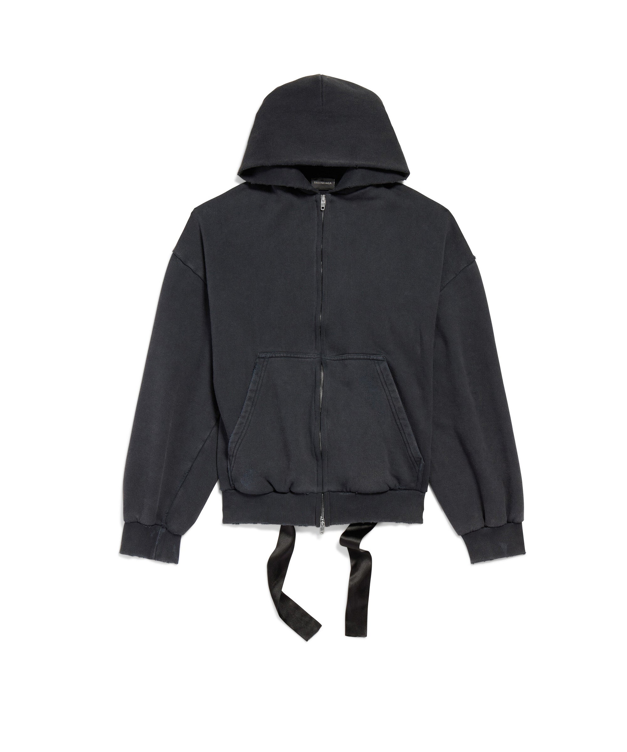 Lace-Up Zip-Up Hoodie - Faded Washed Black
