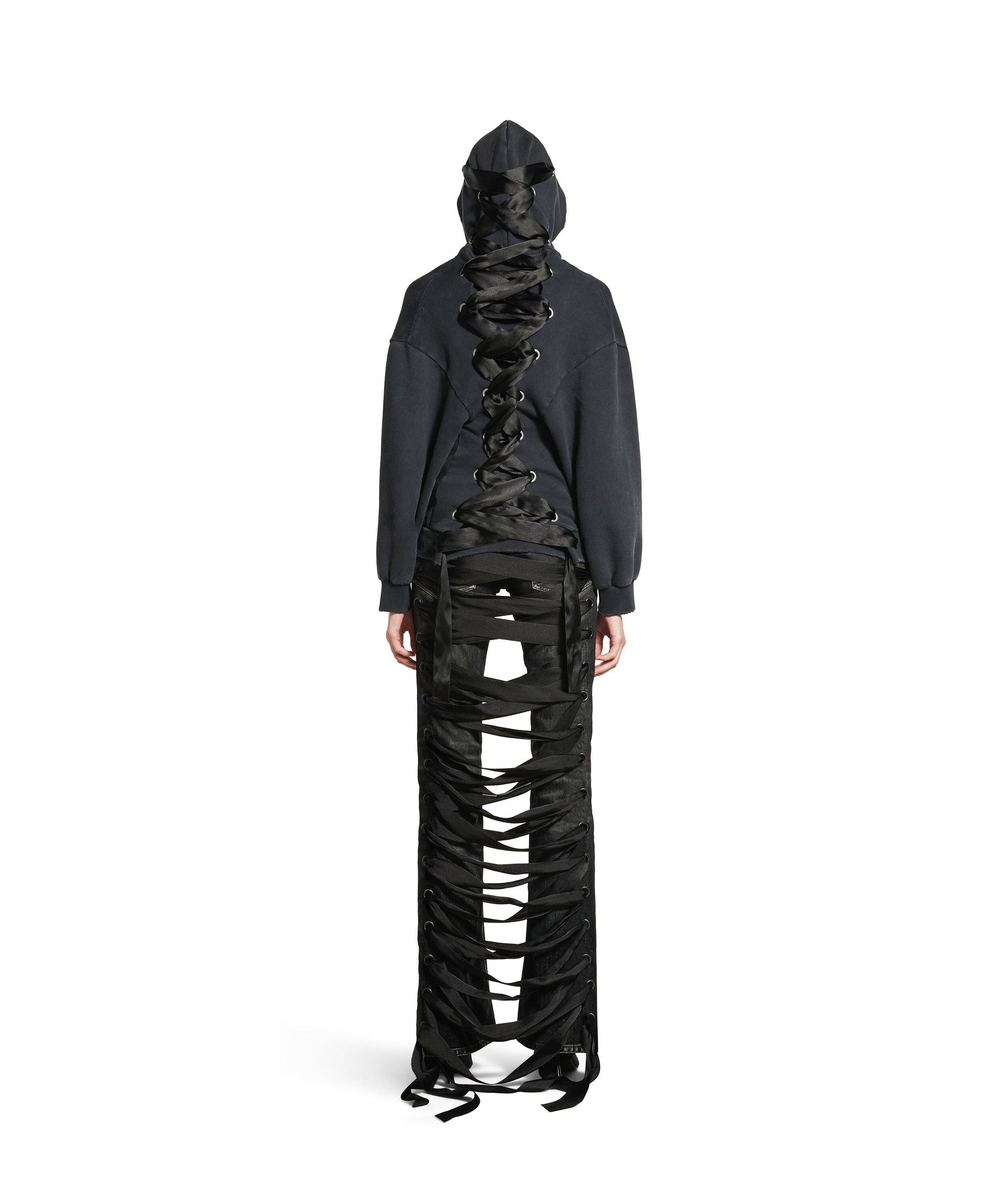 Lace-Up Zip-Up Hoodie - Faded Washed Black