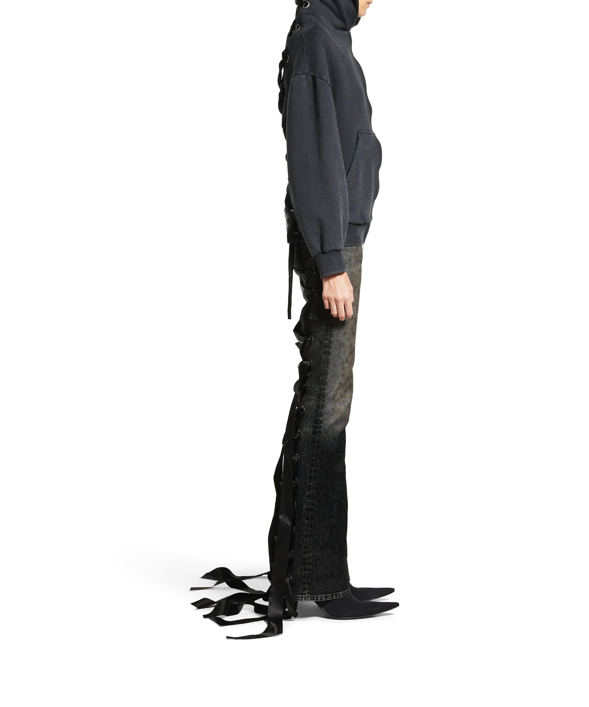 Lace-Up Zip-Up Hoodie - Faded Washed Black