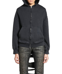 Lace-Up Zip-Up Hoodie - Faded Washed Black