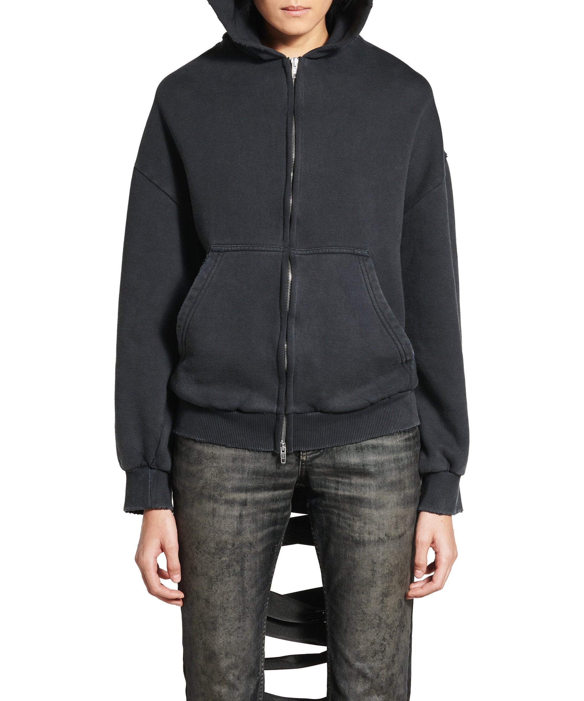 Lace-Up Zip-Up Hoodie - Faded Washed Black