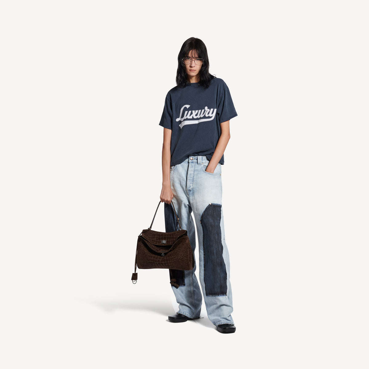 Luxury Script T-Shirt - Washed Navy & White