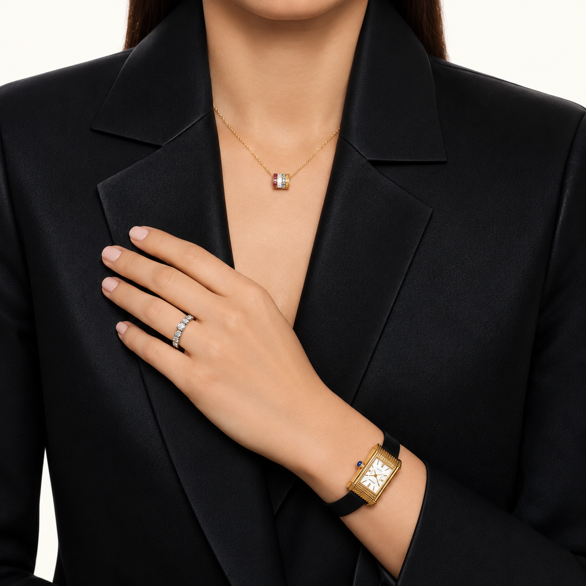Reflet Medium yellow gold white lacquer & black shiny calf Watch - White & Yellow & Black