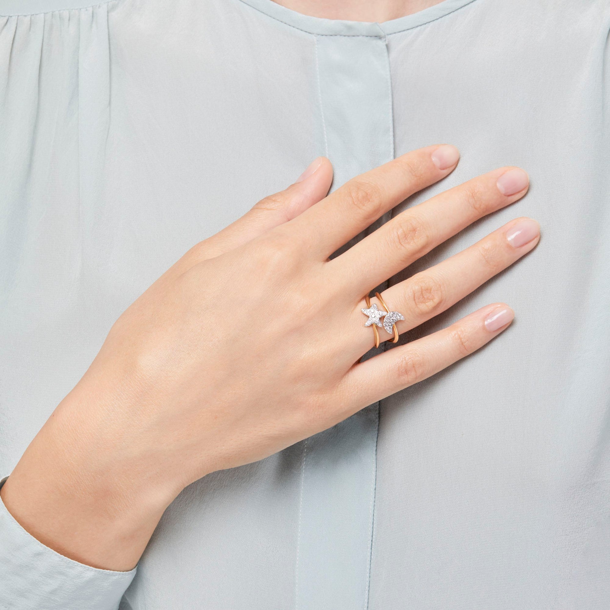 Moon yellow gold & white diamonds Ring - Yellow Gold