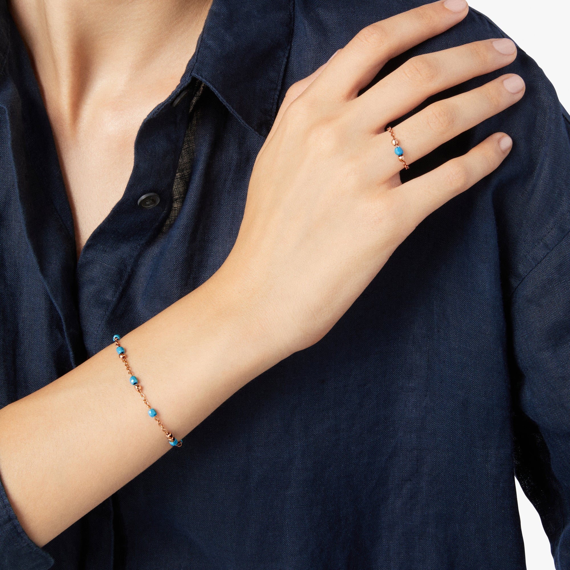 Mini granelli soft ring in 9K rose gold, granelli in 9K rose gold and turquoise ceramic - Rose Gold