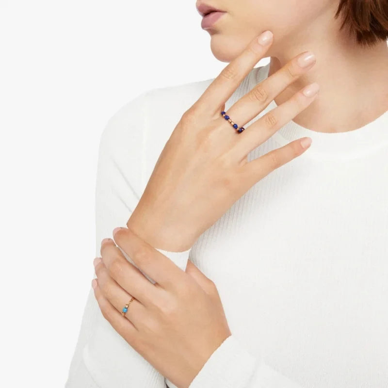 Mini granelli soft ring with chain in 9K rose gold, granelli in 9K rose gold and blue ceramic - Rose Gold