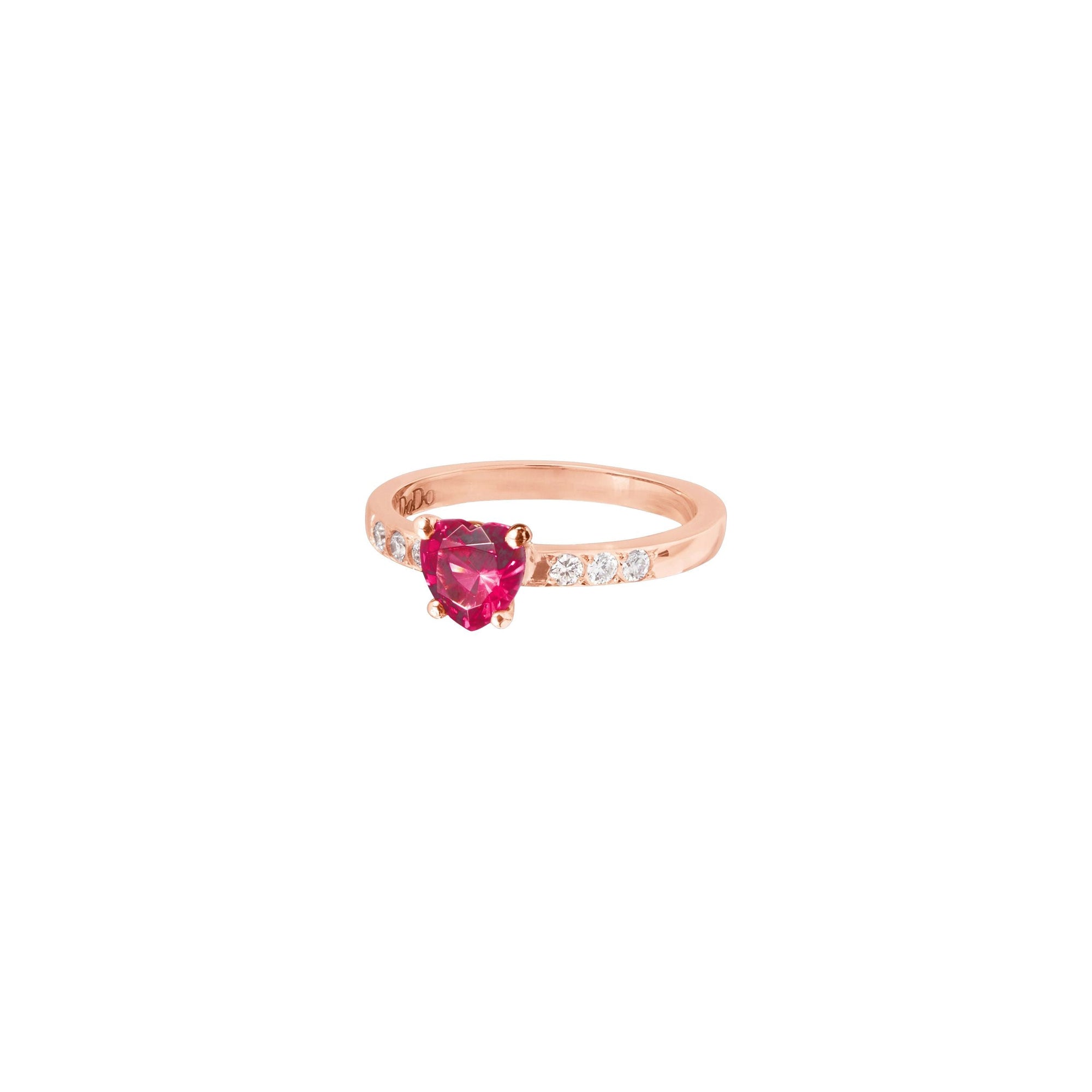 Heart Ring in 9K rose gold with 1 synthetic ruby (ct 087) and 6 white diamonds (ct 013) - Rose Gold