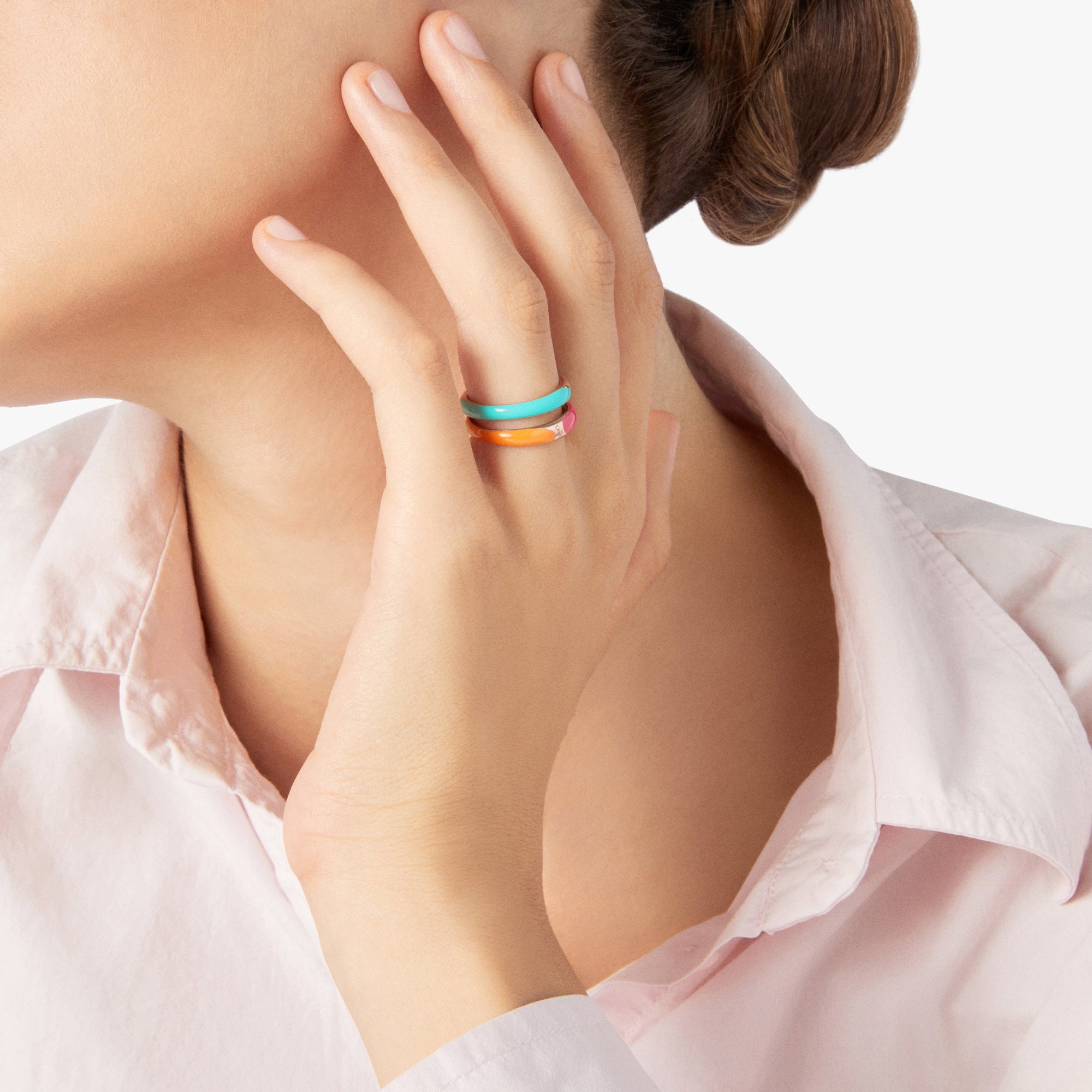 Rondelle ring in 18K rose gold plated silver and orange and pink enamel - Silver