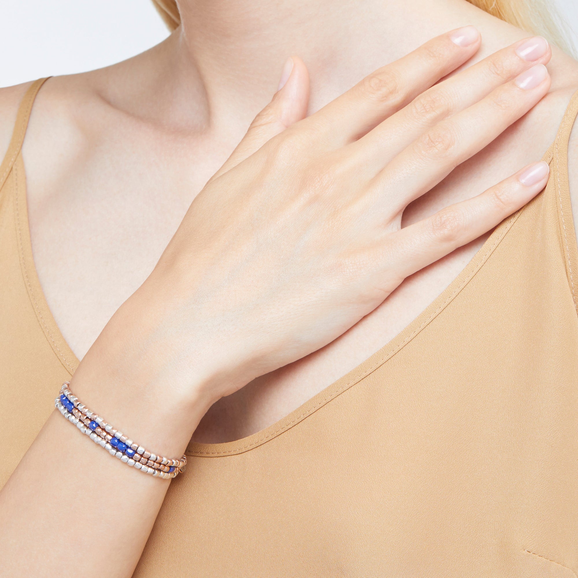Mini granelli bracelet in 9K rose gold and blue ceramic, chain and brisè ring closure in steel, t-bar in 9K rose gold, plaquettes in 9K rose gold and steel  - Rose Gold