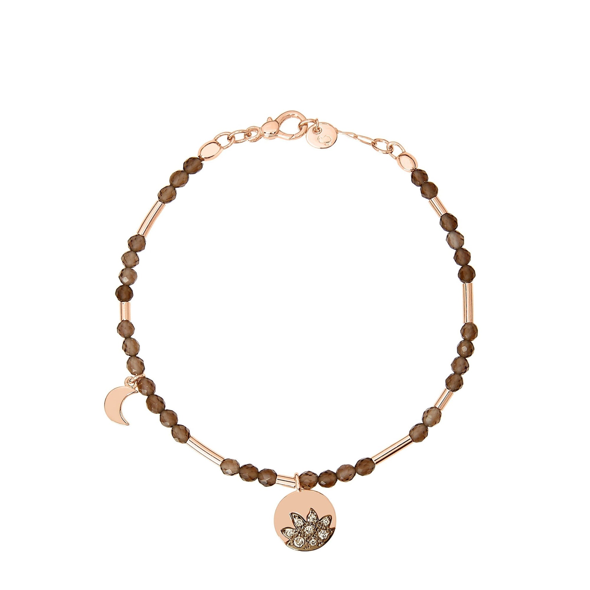 Moon & Sun bracelet in 9K rose gold with smoky quartz, 13 white diamonds and 1 mini icon charm in 9K rose gold (ct 0086) - Rose Gold