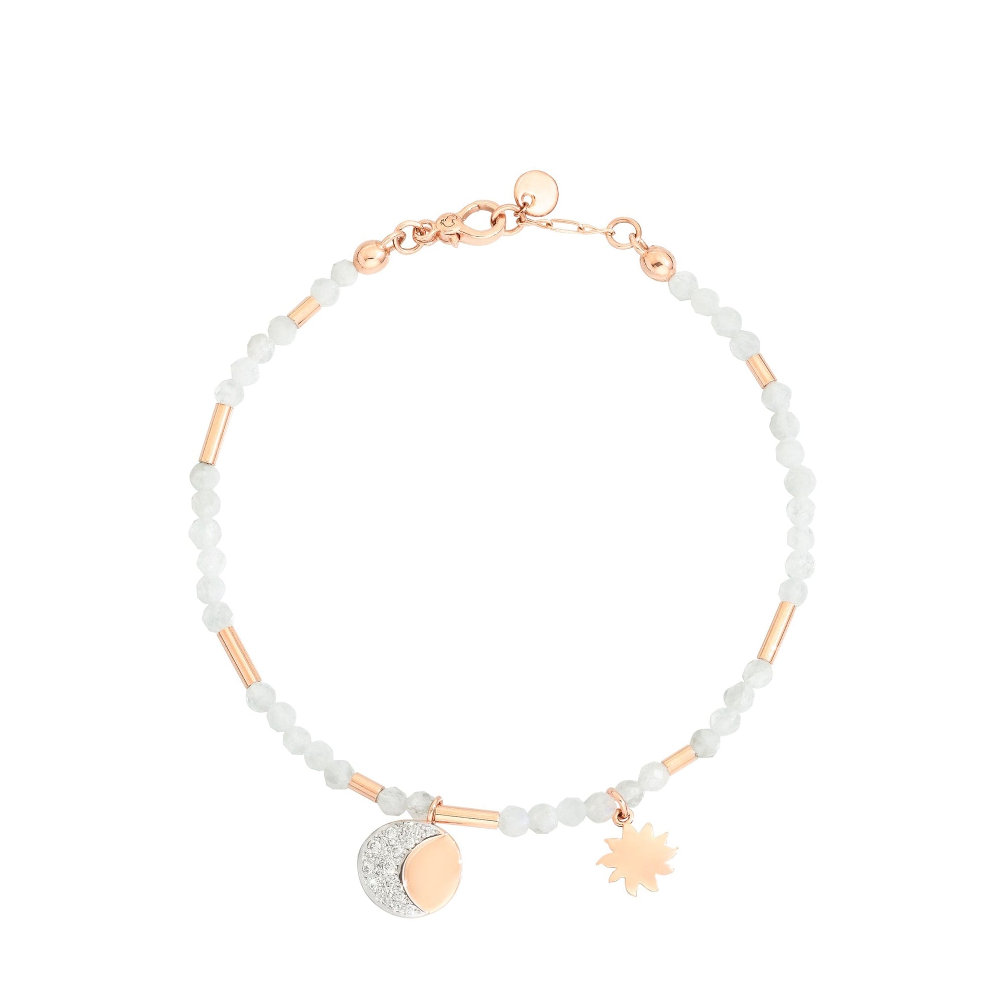 Moon & Sun bracelet in 9K rose gold with moonstone, 13 white diamonds and 1 mini icon charm in 9K rose gold (ct 0086) - Rose Gold